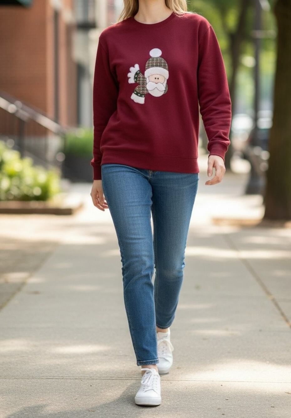 Jerzees Red Christmas Sweatshirt Large Long Sleeve Santa Claus Graphic Holiday
